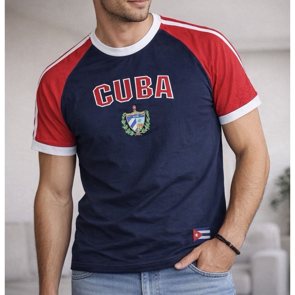 PS Premium Sports Cuba Flag Graphic T-Shirt Colorblock Short Sleeve Size S NWT